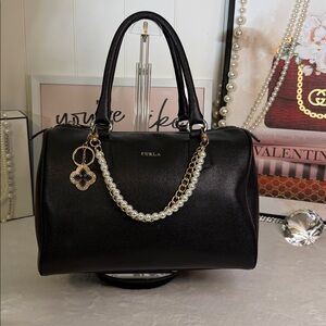 EUC Furla Black Saffiano Leather Structured Barrel Bag